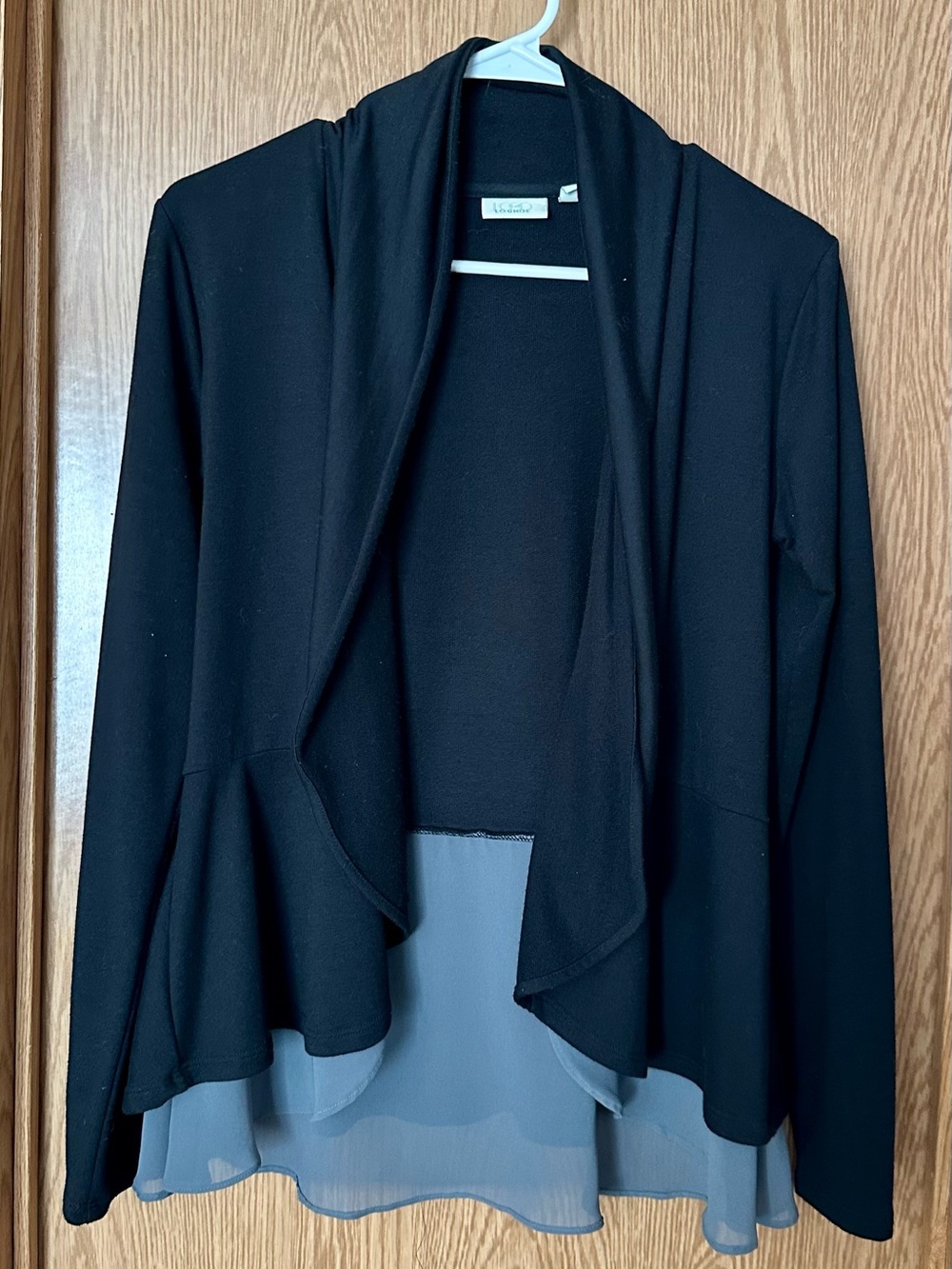 Black Open-Front Women's Cardigan with Gray Chiffon Hem
